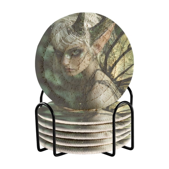 Coil Coasters Set of 6Demon Tinkerbell Elf3.94-inch diameter printed on one side, non-slip, heat-insulating, moisture-wicking home accessory.