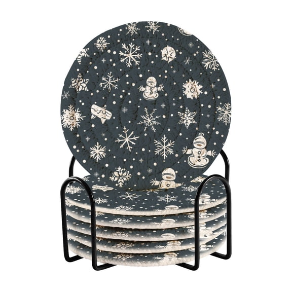 Coil Coasters Set of 6，Snowflakes Pattern3.94-inch diameter printed on one side, non-slip, heat-insulating, moisture-wicking home accessory.
