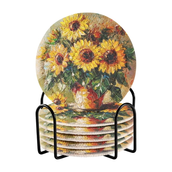 Coil Coasters Set of 6Sunflowers Oil Paintings3.94-inch diameter printed on one side, non-slip, heat-insulating, moisture-wicking home accessory.