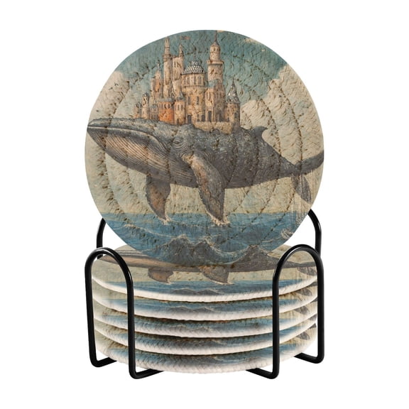 Coil Coasters Set of 6Whale Castle3.94-inch diameter printed on one side, non-slip, heat-insulating, moisture-wicking home accessory.