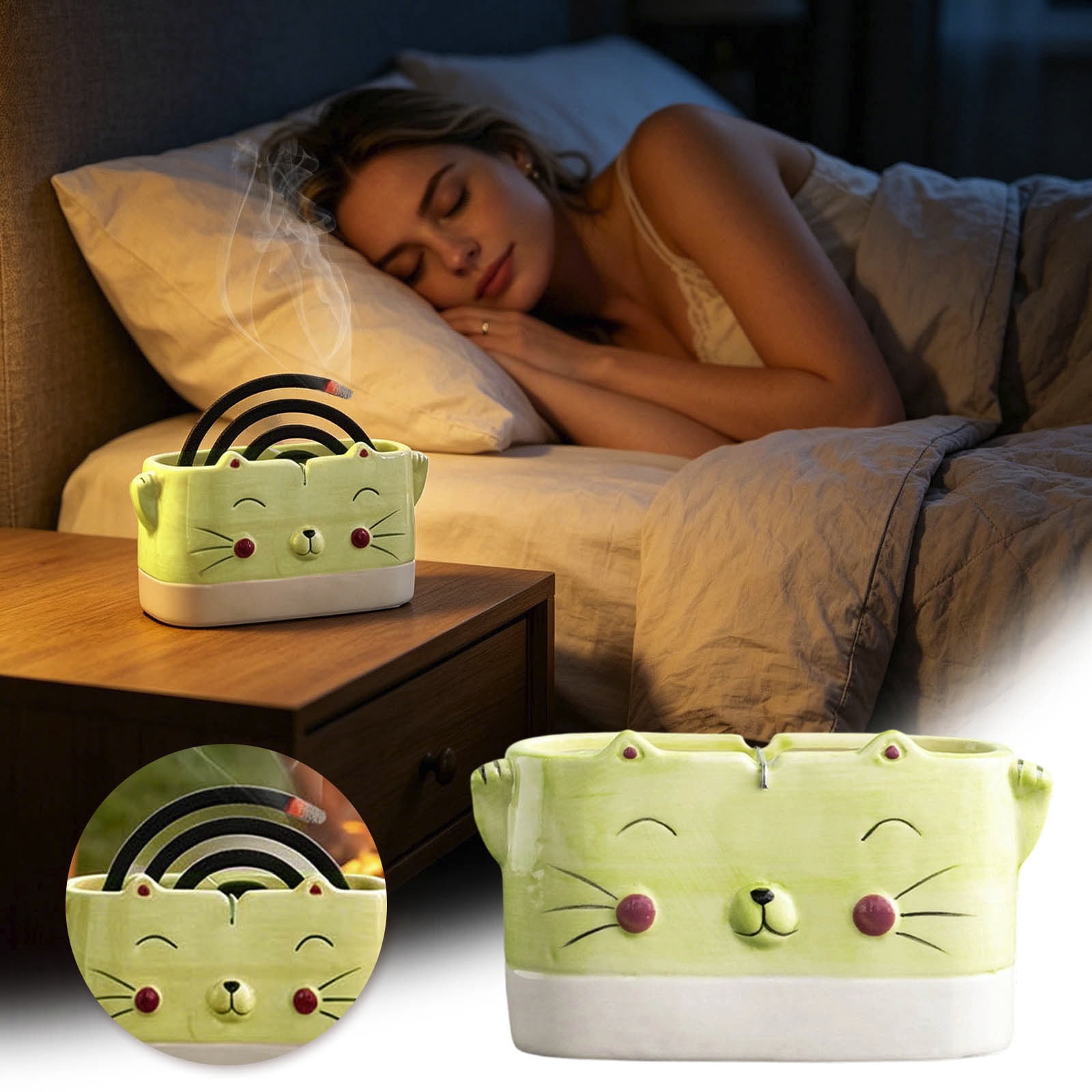 Coil Incense Burner Cute Cat-Shaped Ceramic Mosquito Coils Holder Portable Ash-Catching Spiral Incense Rack with Stable Base for Indoor Home Bedroom and Outdoor Camping