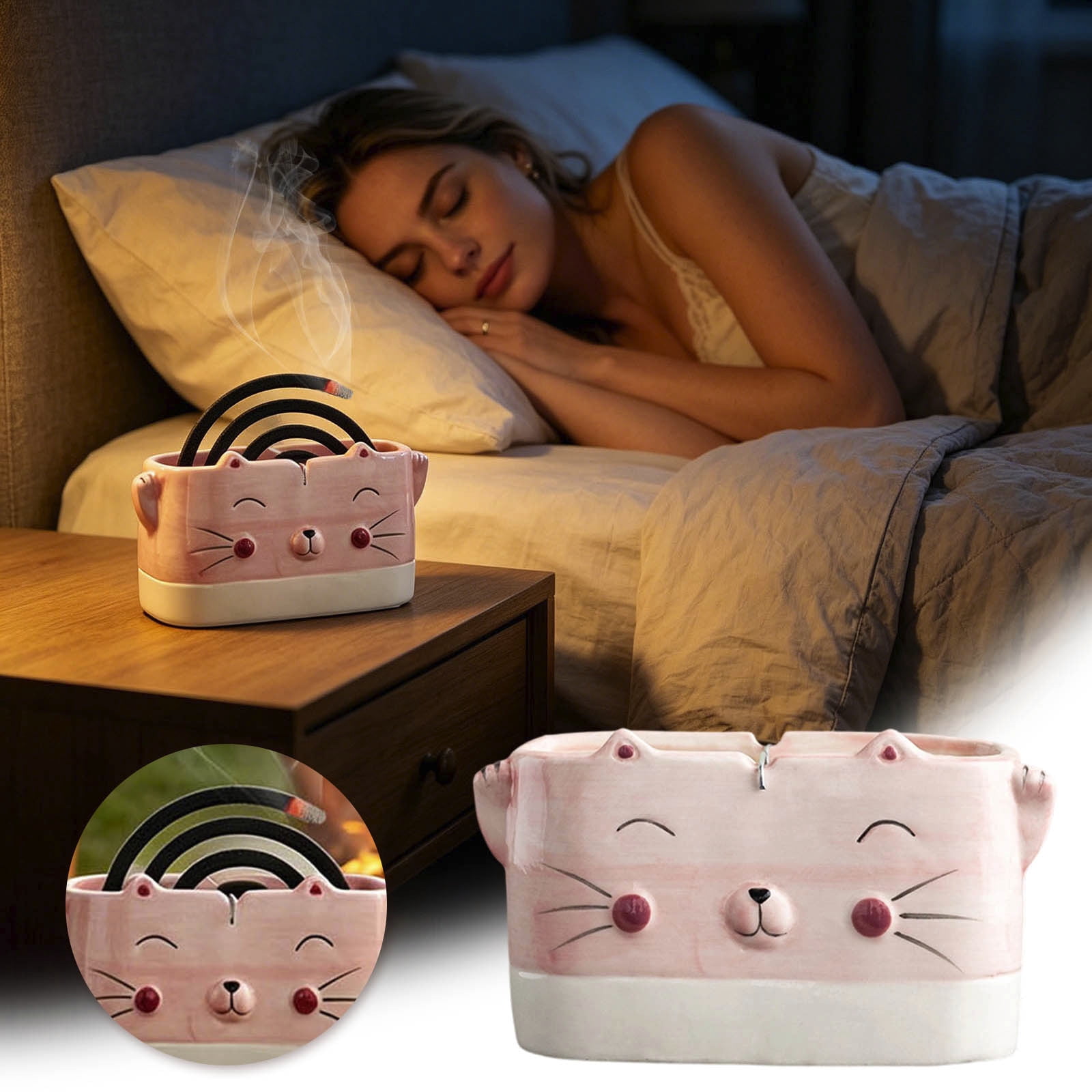 Coil Incense Burner Cute Cat-Shaped Ceramic Mosquito Coils Holder Portable Ash-Catching Spiral Incense Rack with Stable Base for Indoor Home Bedroom and Outdoor Camping