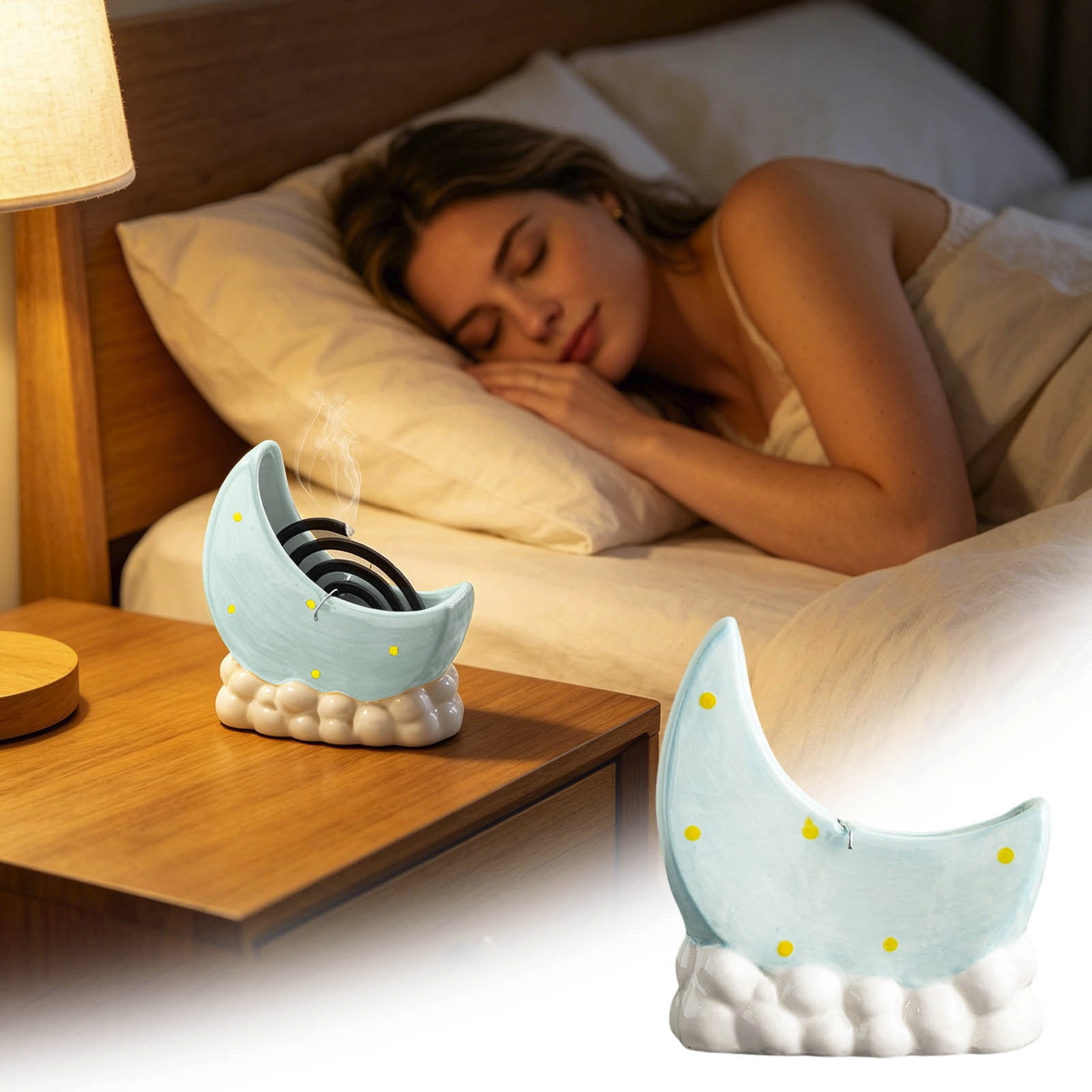 Coil Incense Burner Cute Moon-Shaped Ceramic Mosquito Coils Holder Portable Ash-Catching Spiral Incense Rack with Stable Base for Indoor Home Bedroom and Outdoor Camping