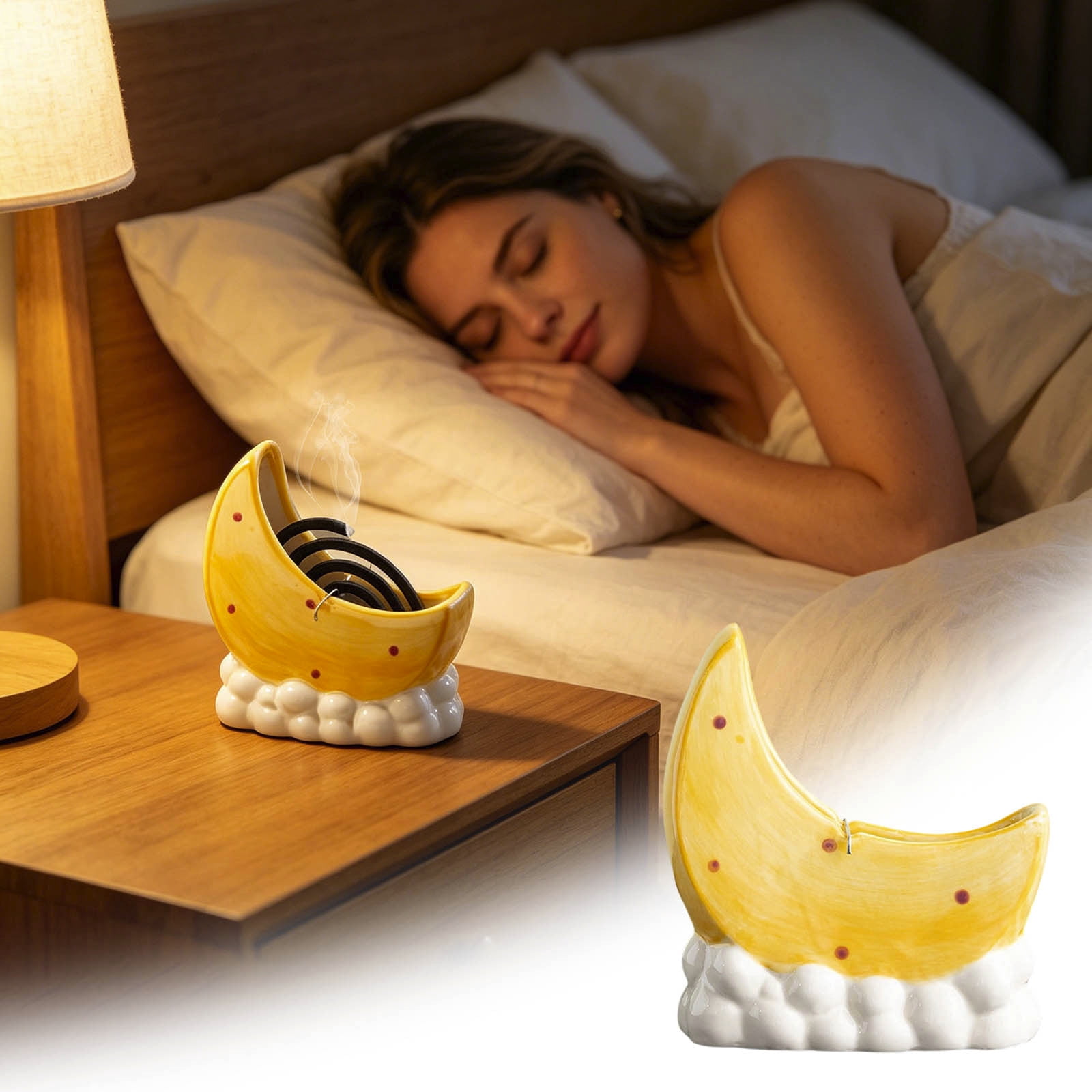 Coil Incense Burner Cute Moon-Shaped Ceramic Mosquito Coils Holder Portable Ash-Catching Spiral Incense Rack with Stable Base for Indoor Home Bedroom and Outdoor Camping