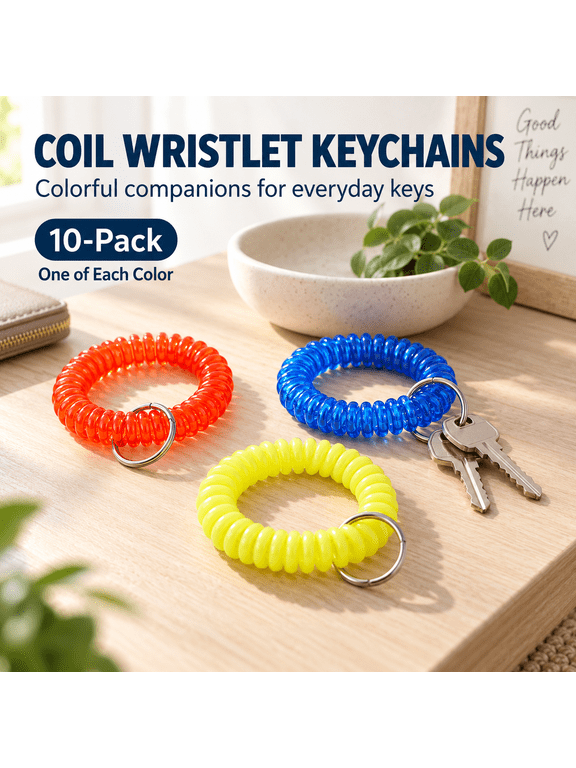 Coil Wristlet Keychains, 10 Pack, Assorted Colors, Spiral Wrist Key Holders with Metal Split Rings