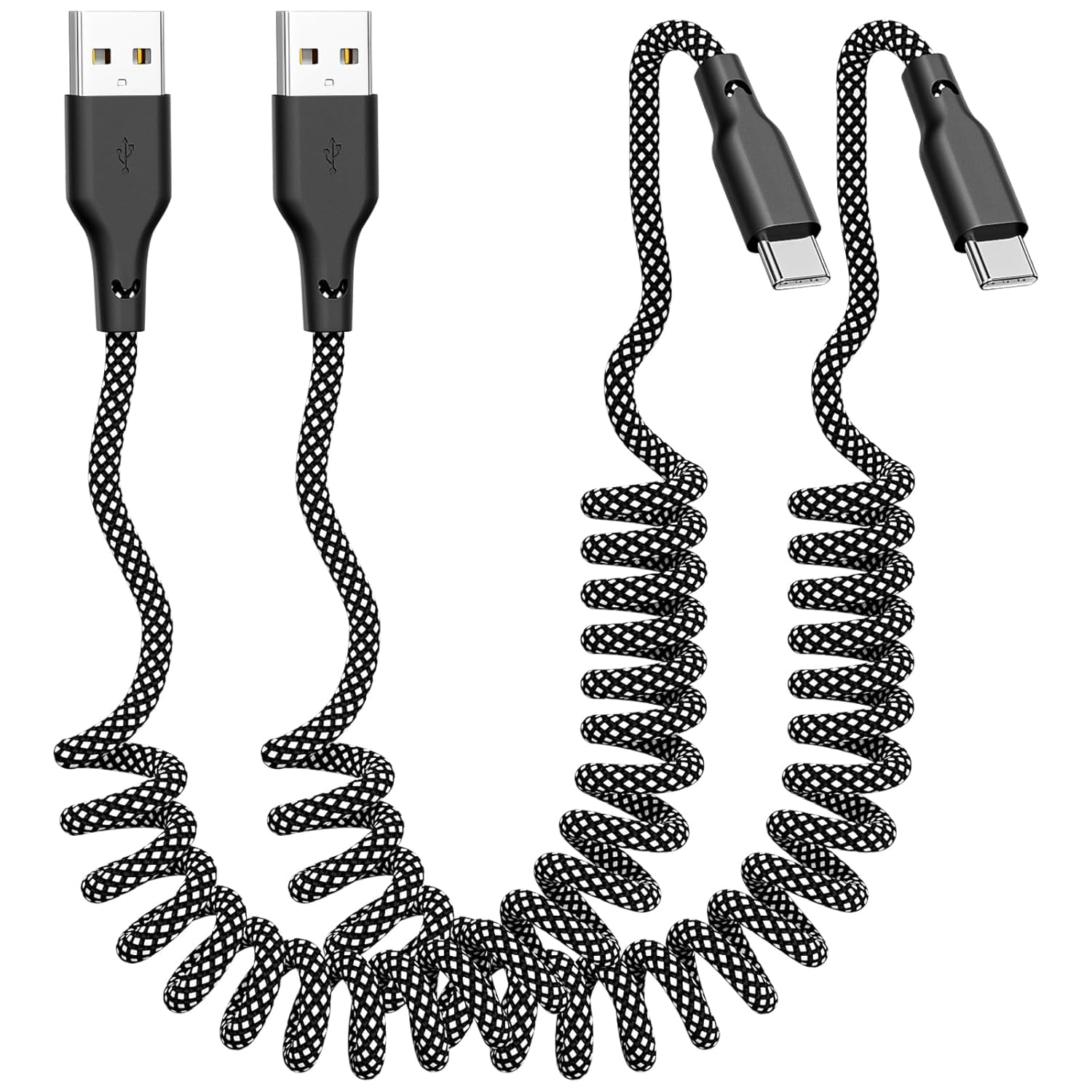 Coiled Carplay Car Charger Fast Charging，[2-Pack, 3ft] Retractable Braid USB A to USB C Cable for iPhone 17/17 Air/16/15/Plus/Pro Max/MacBook Pro, USB C Cord,Grey