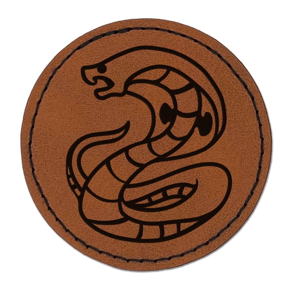 Coiled Cobra Snake 2.5" Faux Leather Round Engraved Iron-On Patch - Brown