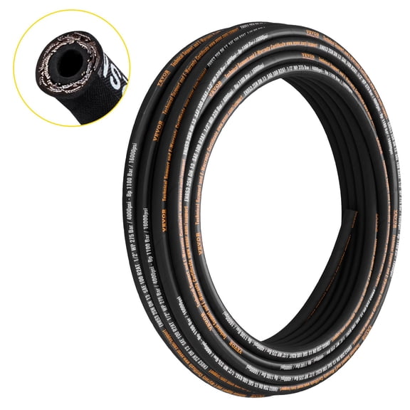 1/2 in x 100 ft Hydraulic Hose, 4000 PSI Coiled Rubber Hydraulic Oil Hose with 2 High-Tensile Steel Wire Braids, Flexible Bulk Hose for Construction, Agriculture, Tractors and Machinery