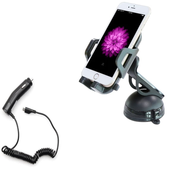 Coiled Micro-USB Charger w Windshield Dash Car Mount for Samsung Galaxy J7 V (2017), Grand Prime Express Prime, Perx, S7 Edge S6 Edge+ Edge Active S5 Active, Note 5 4 3 Mega 2, J5 J3 Emerge