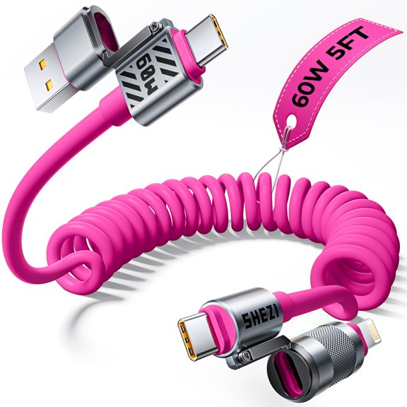 Coiled Pink Cable 4-in-1 USB C Cable 60W Compatible with Lightning Cable Fast Charging & Data Transfer, Support to CarPlay & Android Auto, 5FT Multi Cord Combo Charger for iPhone/iPad