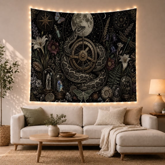 Coiled Snake Around a Compass Beneath the Full Moon, Mystical Fantasy for Reptile Fans, Dark Botanical Decor, Halloween Gift, Tapestry Wall Hanging for Bedroom and Study Room