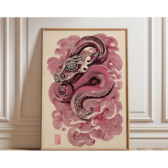 Coiled Snake Dragon Mythical Japanese Illustration Pink Maroon Wall Art, Unframed Paper Poster 8x10in