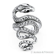 Coiled Snake / Serpent Spirit Animal Long-Charm Right-Hand Statement Gypsy Ring in Oxidized .925 Sterling Silver