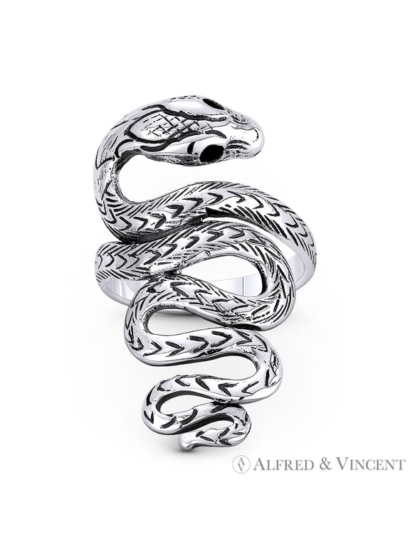 Coiled Snake / Serpent Spirit Animal Long-Charm Right-Hand Statement Gypsy Ring in Oxidized .925 Sterling Silver