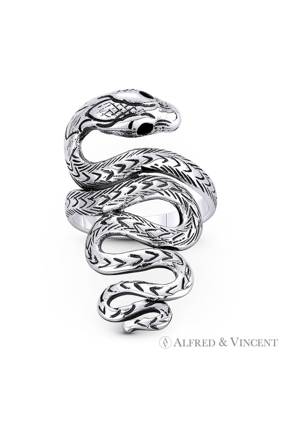 Coiled Snake / Serpent Spirit Animal Long-Charm Right-Hand Statement Gypsy Ring in Oxidized .925 Sterling Silver