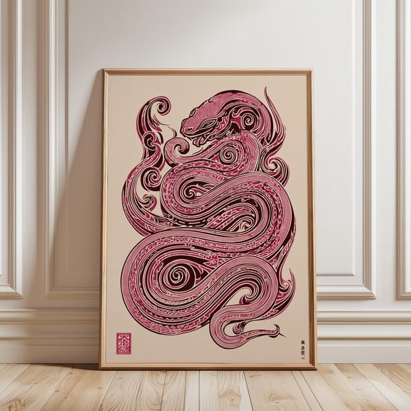 Coiled Snake Stylized Japanese Illustration Pink Maroon Oriental Wall Art Unframed Paper Print