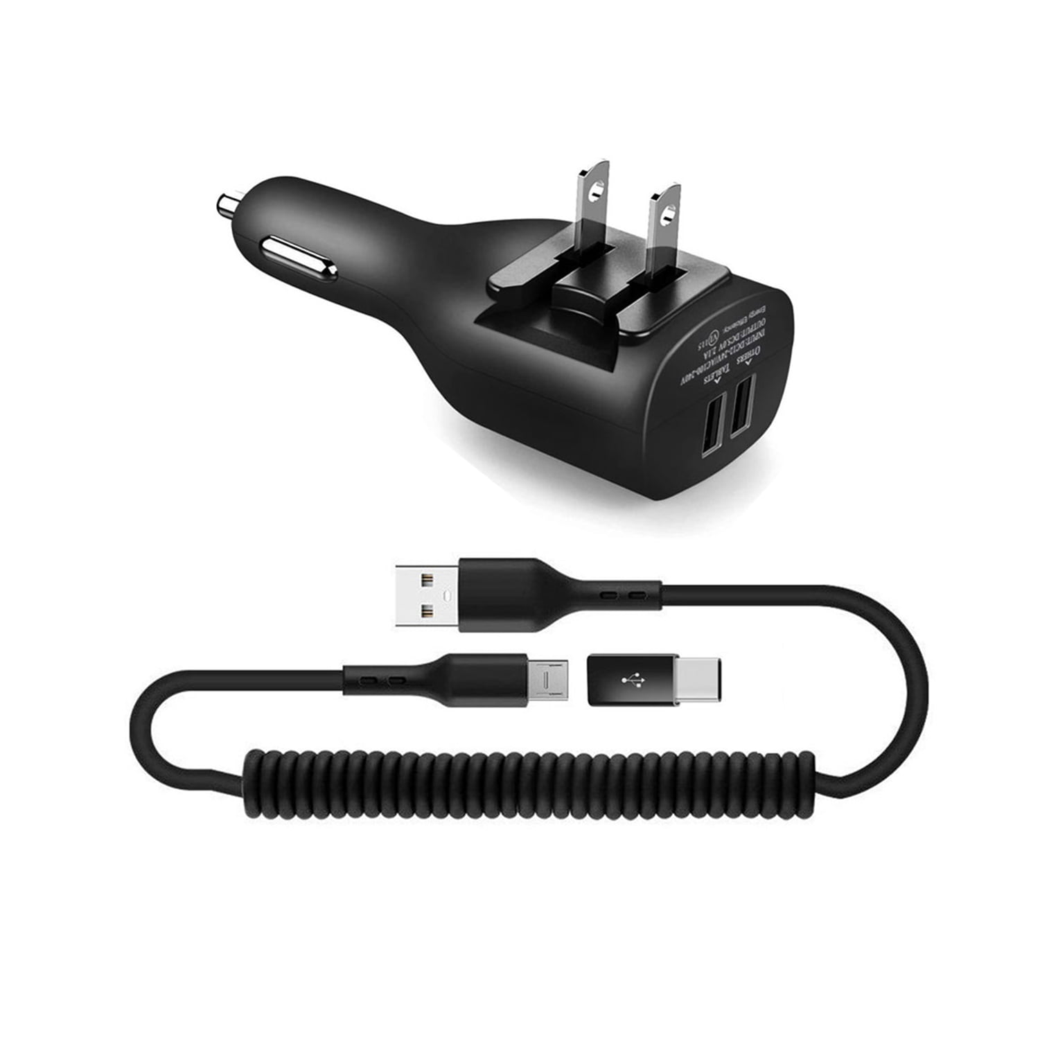 Coiled USB Cable 2-in-1 Car Home Charger for Nokia G100/G300/G310 5G - Micro-USB to USB-C Adapter Charger Cord Power Wire Black Folding Prongs