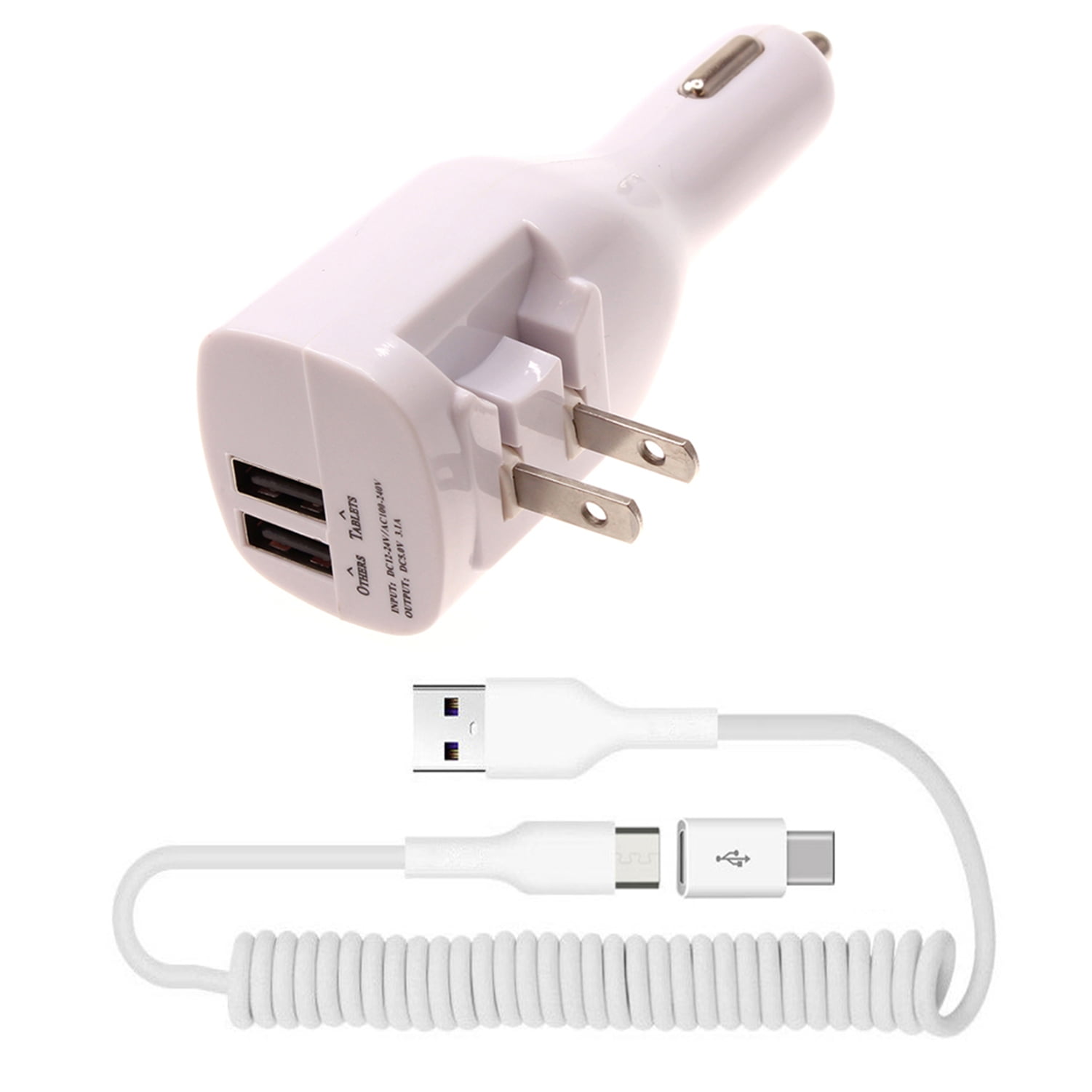 Coiled USB Cable 2-in-1 Car Home Charger for Nokia G100/G300/G310 5G - Micro-USB to USB-C Adapter Charger Cord Power Wire Folding Prongs White