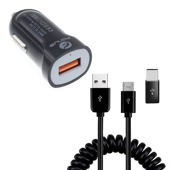 Coiled USB Cable 24W Fast Car Charger for Samsung Galaxy S23 Ultra/Plus - Micro-USB to USB-C Adapter Power Cord Wire Quick Charge DC Socket