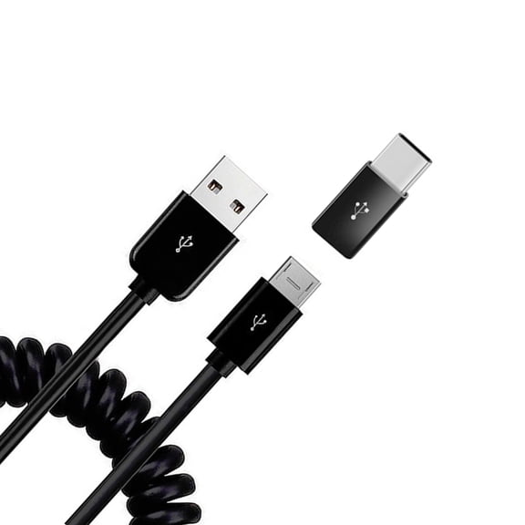 Coiled USB Cable Charger Cord for Samsung Galaxy S25/Edge/Plus/Ultra - Micro-USB to USB-C Adapter Power Wire Sync Black