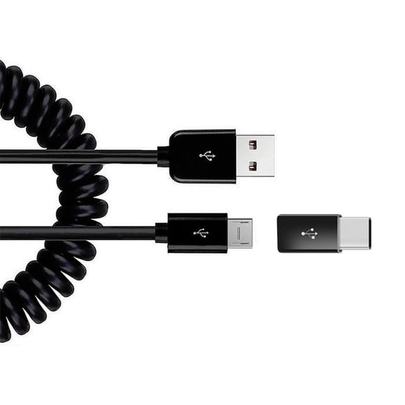 Coiled USB Cable for OnePlus 11/12/12R/13/13R 5G - Charger Cord Micro-USB to USB-C Adapter Power Wire Sync Black