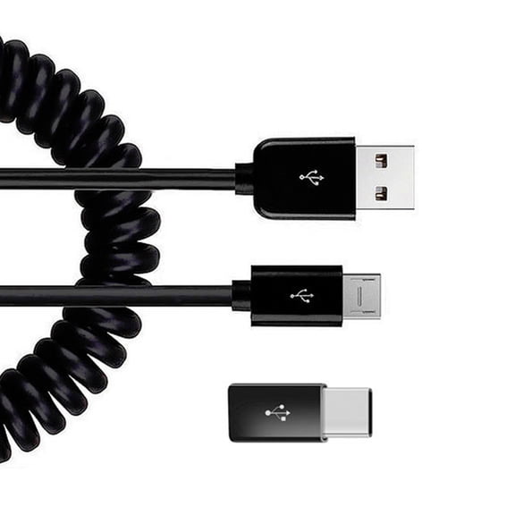 Coiled USB Cable for Samsung Galaxy Z Flip7/Z Flip7 FE - Charger Cord Micro-USB to USB-C Adapter Power Wire Sync Black