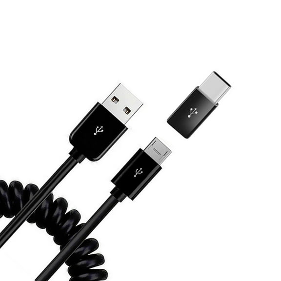 Coiled USB Cable for TCL 30 T - Charger Cord Micro-USB to USB-C Adapter Power Wire Sync Black for 30 T