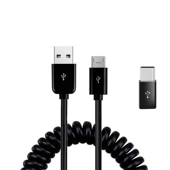 Coiled USB Cable for TCL Flip 4 5G - Charger Cord Micro-USB to USB-C Adapter Power Wire Sync Black
