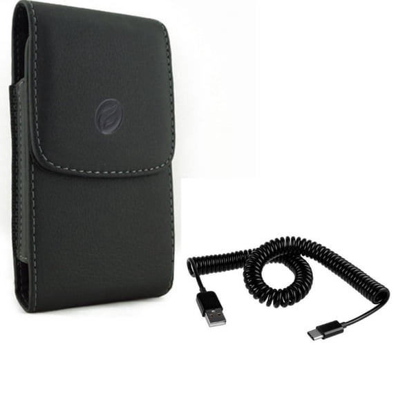 Coiled USB Cable w Leather Case Belt Clip for Google Pixel 4 XL Phones - Type-C Charger, Holster Cover Q1R Compatible With Pixel 4 XL Models