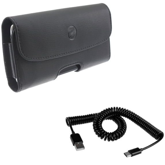 Coiled USB Cable w Leather Case Belt Clip for Samsung Galaxy S10e - Type-C Charger Cord, Holster Cover Pouch X3V