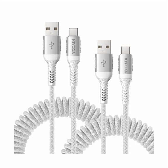 Coiled USB to USB C Cable for Car 3FT/6FT, USBC Cables Fast Charging Braided USB-A to USB-C Phone Charger Cord USB Type C Cable for iPhone 17 16 15 Pro Max, Samsung Galaxy S24 S23-2Pack Silver