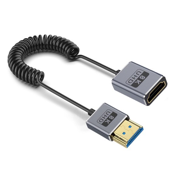 Coiled Video Cable 8K60hz 2.1 48Gbps Video Line with 90 Degree Elbow Plugs Option Easy Installation Thin Spring Line
