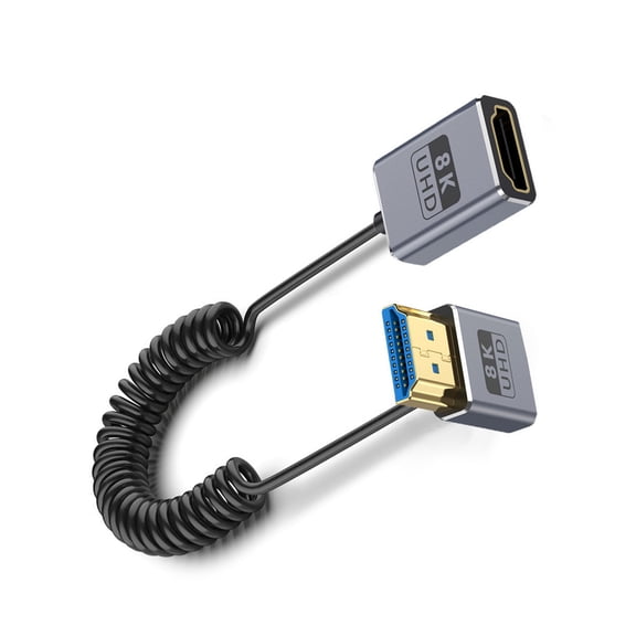 Coiled Video Cable 8K60hz 2.1 48Gbps Video Line with 90 Degree Elbow Plugs Option Easy Installation Thin Spring Line