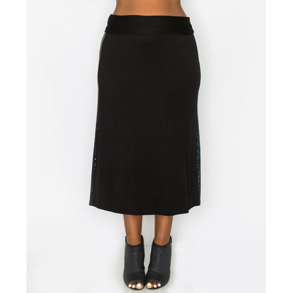 Coin 1804 Plus Size Sequin Side Contrast Fold Over Midi Skirt Black Black 3X