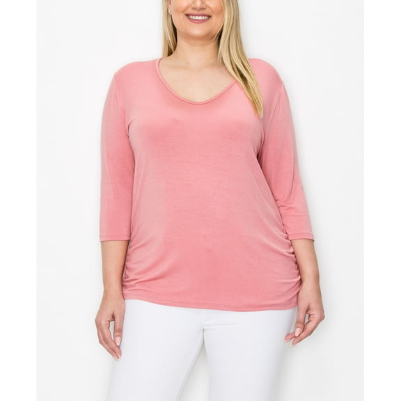Coin 1804 Plus Size V Neck Side Ruched 3/4 Sleeve Top Dusty Pink 3X