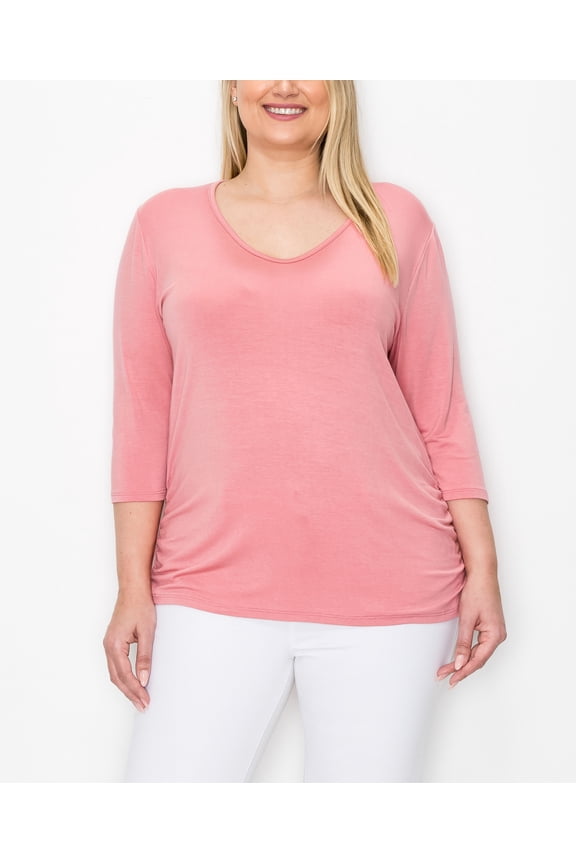 Plus Size V Neck Side Ruched 3/4 Sleeve Top Dusty Pink 3X