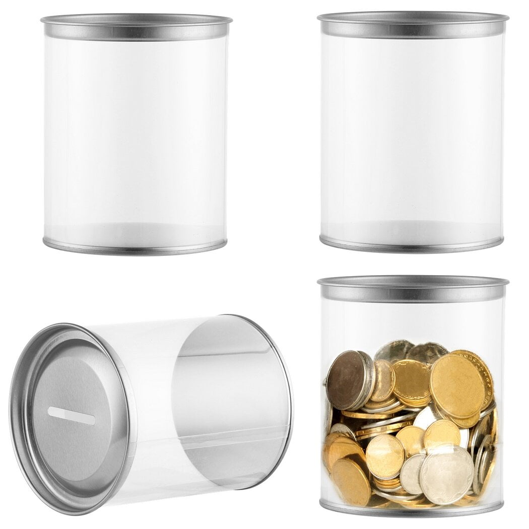 Coin Bank Jars, 4 Packs Clear Plastic Coin Storage Jars with Slotted
