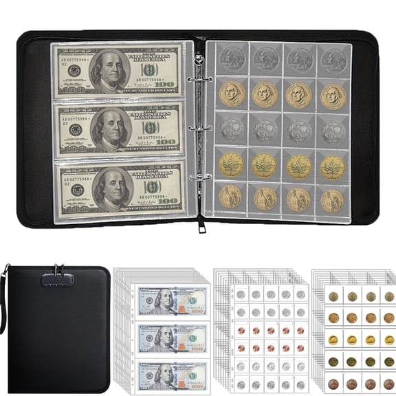 Coin Collection Album for Collectors with Lock, 360 Pockets Fireproof Coin Holder Book & 36 Paper Currency Binder Sleeves, Coin Storage Collecting Organizer for Pennies,Bill,Tokens,Badgesoniy bag