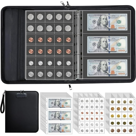 Coin Collection Album for Collectors with Lock, 360 Pockets Fireproof Coin Holder Book & 36 Paper Currency Binder Sleeves, Coins Storage Collecting Organizer for Pennies,Bill,Tokens,Badge
