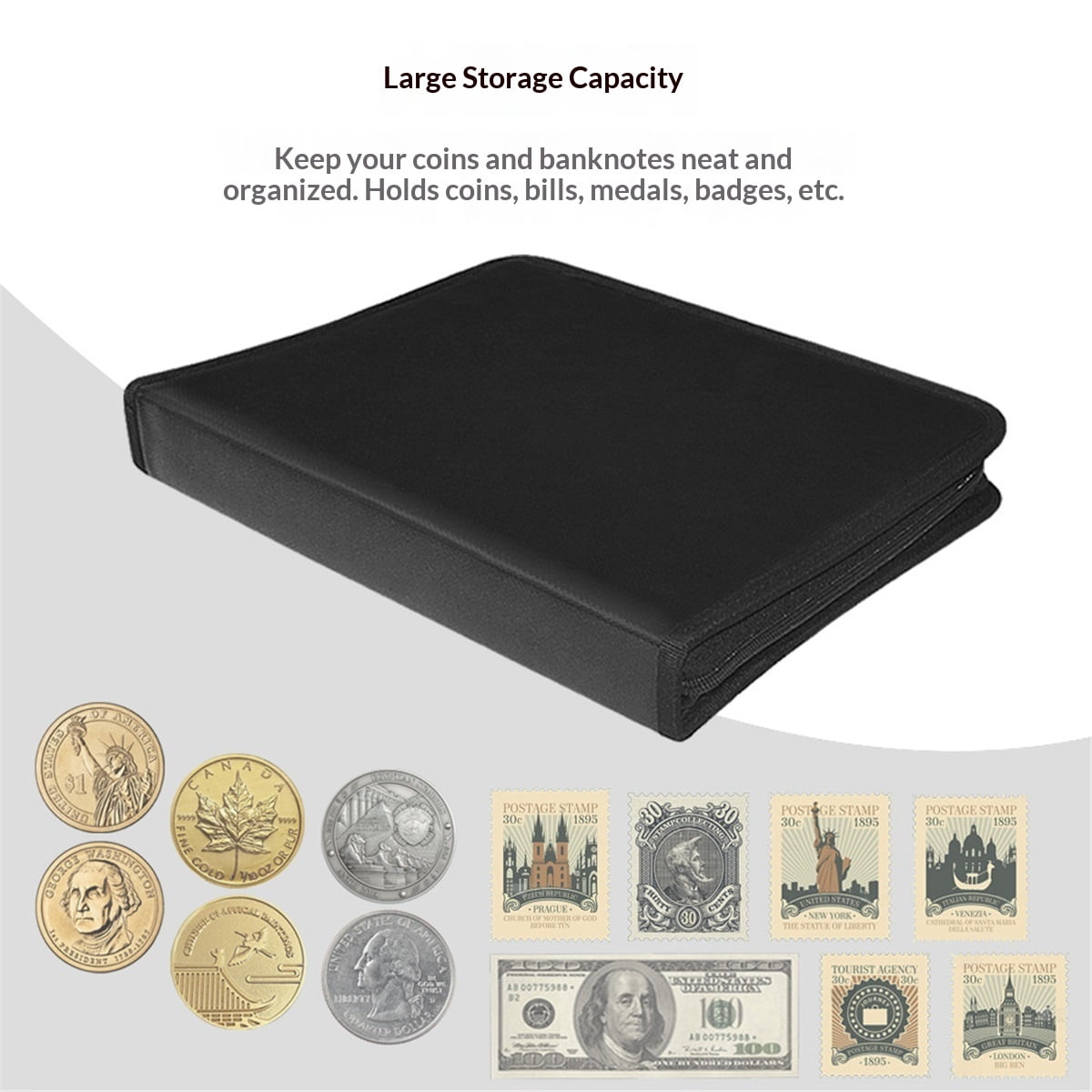 Coin Collection Book Holder for Collectors, 360 Pockets Fireproof Coins Collecting Album & 36 Sleeves Money Storage Case for Coin Currency Collection Supplies, Bill, Pennies, Quarters, Stamp