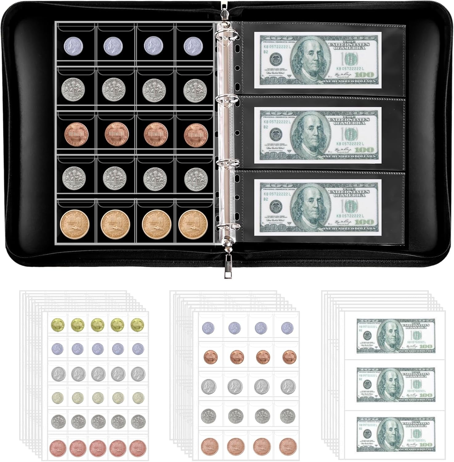 Coin Collection Book Holder for Collectors, Coin Collection Supplies, Coin Collecting Books, Fireproof Coin Album with 300 Coin Collection Pockets + 36 Bill Sleeves Coin Storage Boxes
