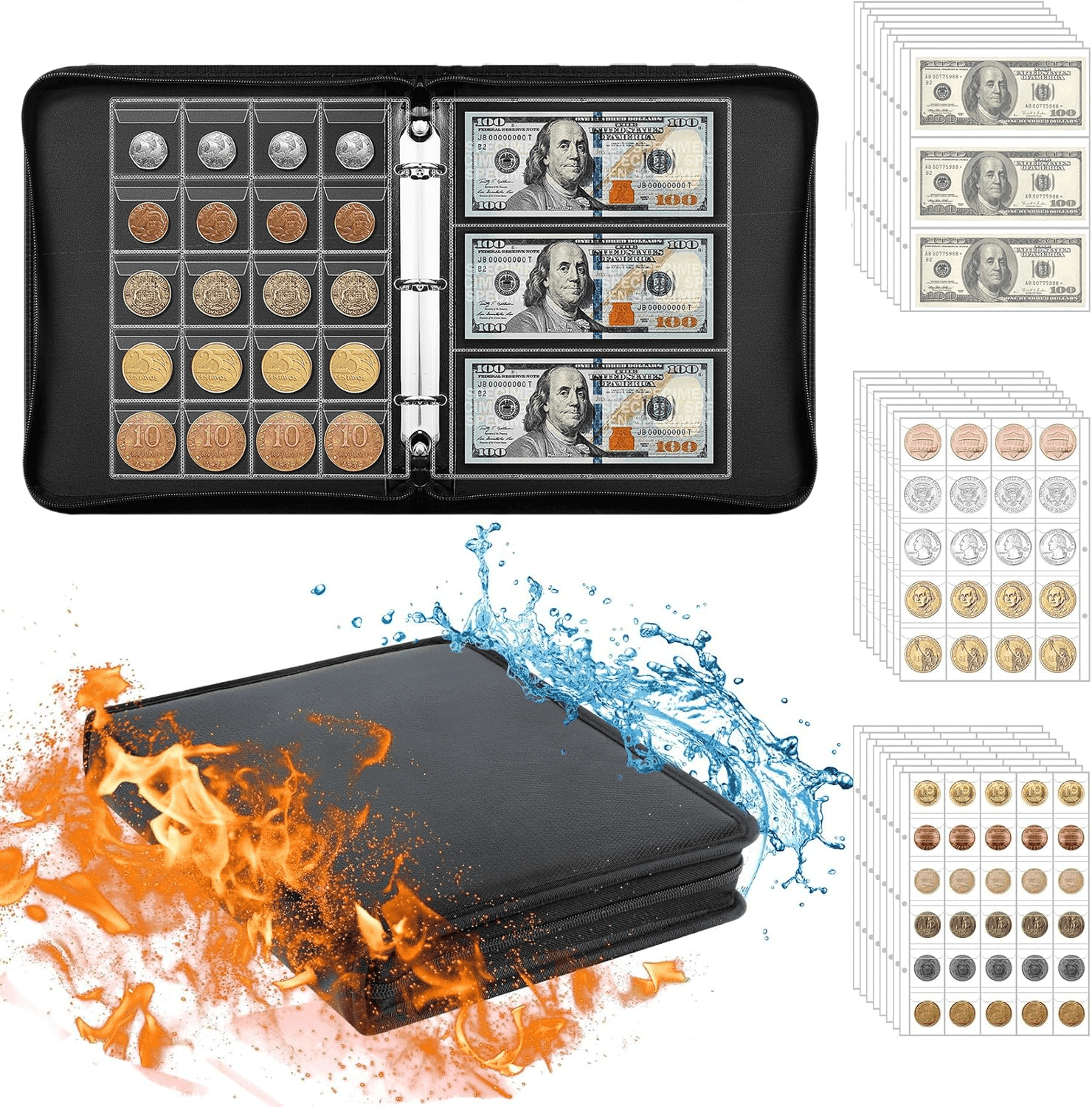 Coin Collection Book Holder for Collectors, Fireproof Coin Album with 300 Pockets Coins Collecting & 36 Sleeves Money Storage Case for Coin Currency Collection, Bill，Pennies, Quarters, Stamp