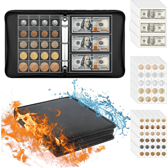 Coin Collection Book Holder for Collectors, Fireproof Coin Album with 300 Pockets Coins Collecting & 36 Sleeves Money Storage Case for Coin Currency Collection, BillPennies, Quarters, Stamp