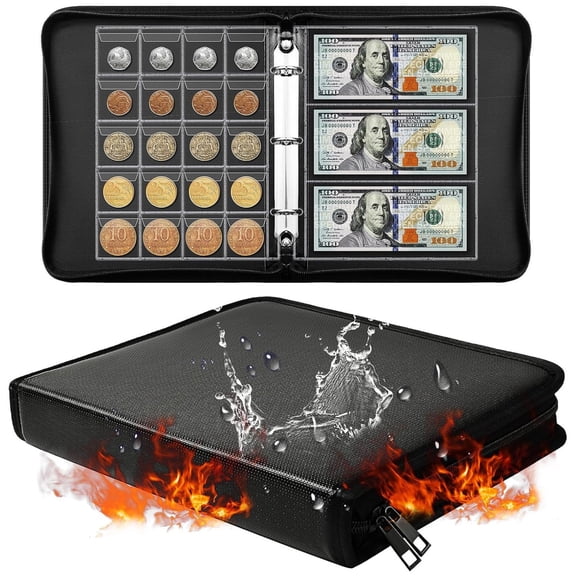 Coin Collection Book Holder,Fireproof Coin Album,360 Pockets Coin Organizer Sleeves & 36 Pockets Paper Money Organizer Binder for Coin Currency Collection Supplies,Pennies,Bill,Tokens,Badges,Black