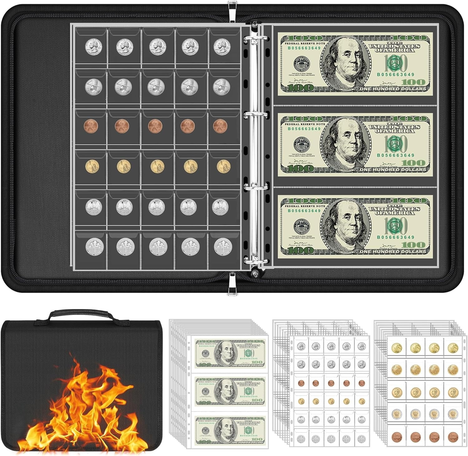 Coin Collection Book Holder Organizer -360 Pockets Coins Collection Supplies Album for Collector 36 Sleeves Money Storage Case Fireproof Coin Currency Collection Bill Pennies Cash Black