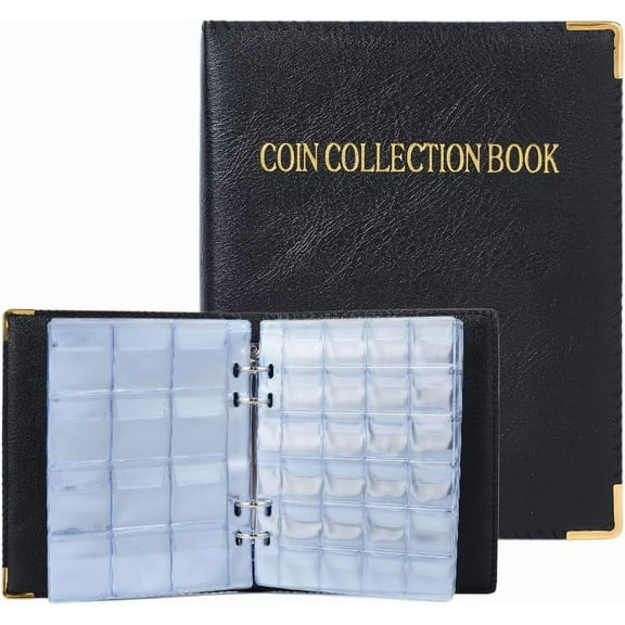 Coin Collection Book Holder Vintage Coin Albums 20 Pages 360 Pockets Black PVC Waterproof Display Storage Case Collecting Sleeves Organizer Box for Currency Bill Pennies Stamps Small Badges DIY