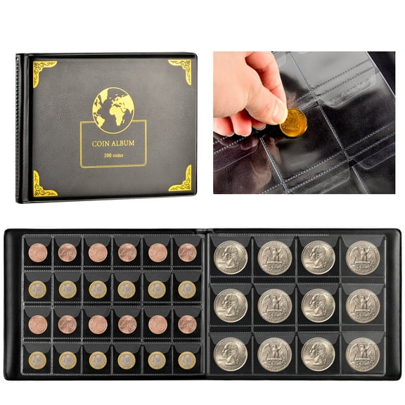 Coin Collection Organizer Storage Book for Collectors, 300 Pockets Coin Supplies Holder Box Case Album (Earth pattern black)