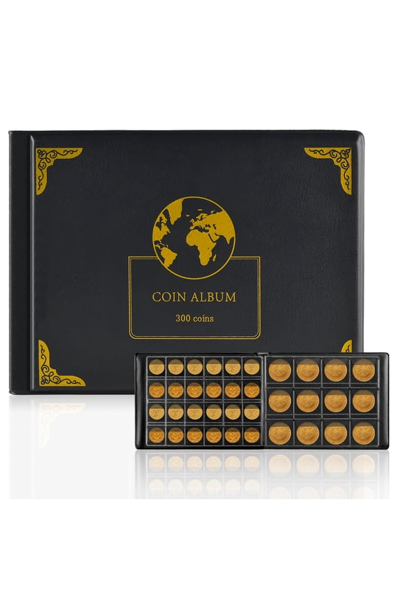 Coin Collection Supplies Holder Book for Collectors, 300 Pockets Coin Collection Organizer Storage Box Case Album for 20/25/ 27/30/ 38mm Coins- Black