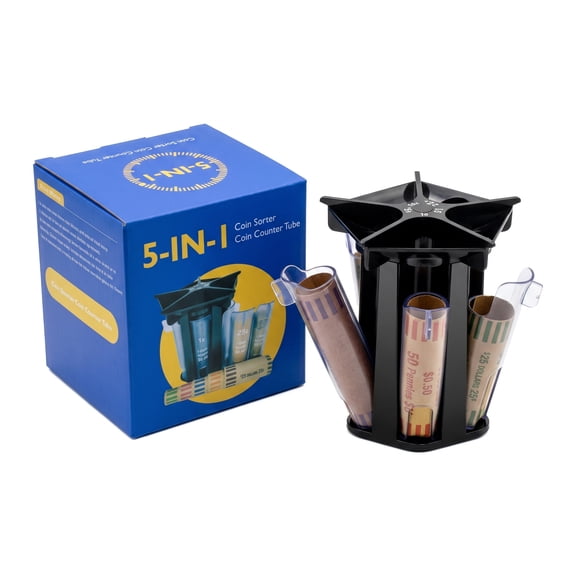 Coin Counter and Sorter - 5-in-1 Coin Organizer Tubes with Change Roller for Pennies to Dollars