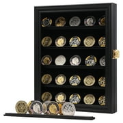 Coin Display Case - Challenge Coin Display Box - Military Coin Cabinet Rack Holder Shadow Box with Removable 2 Grooves Shelves for Casino Poker Chips Military Challenge Coin Collectibles Black